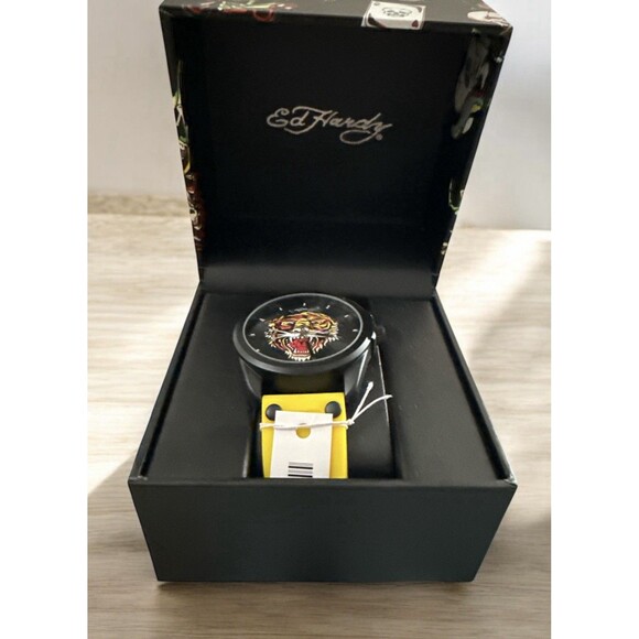 Mens Ed Hardy Matte Yellow Silicone Strap Watch 46mm, Tiger, Black - Picture 2 of 3